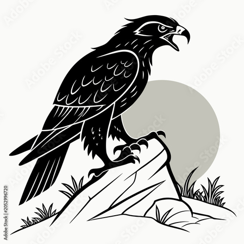 Aggressive eagle or hawk perched on rocky cliffside graphic with predator wildlife aggressive illustration majestic