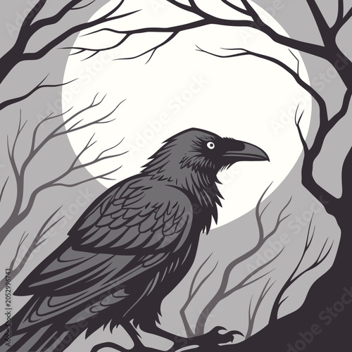 Mysterious black raven perched on a tree branch before a large full moon with illustration silhouette wildlife