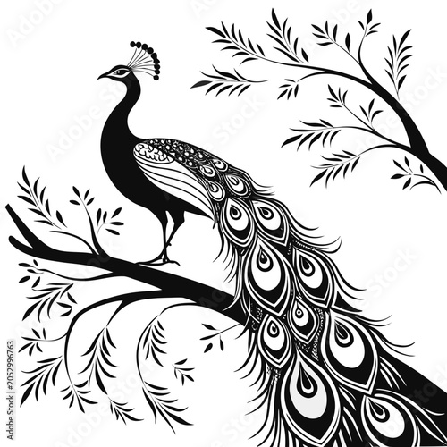 Elegant black and white illustration of a majestic peacock perched on a tree branch with wildlife, illustration