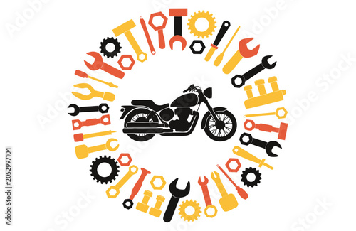 Circular frame of tools and gears with motorcycle silhouette inside, no background