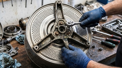 Mechanic Repairing Car Brake System in Workshop with Tools