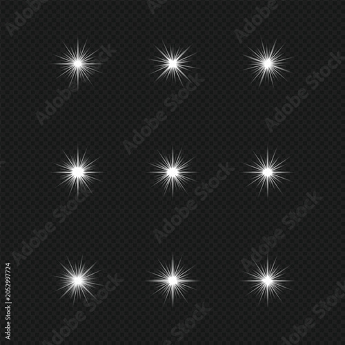 White Sparkling Starburst Light Effects Collection on Transparent Background Vector Illustration