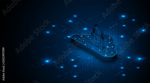 The padlock is located on the cloud. Cloud data storage technology is protected. The concept of cloud computing and large data center security technology.
