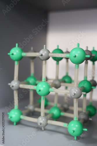 Close-up of crystal lattice structure used in chemistry, nanotechnology and materials science education. Concept of molecular engineering, scientific research and advanced technology.