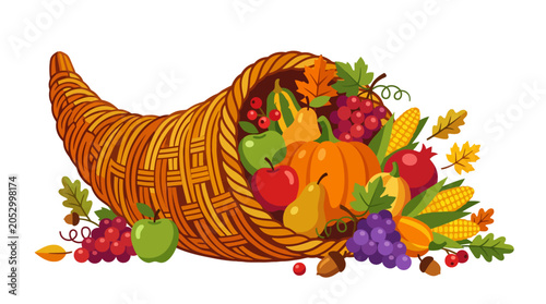 Traditional cornucopia filled with autumn fruits and vegetables.