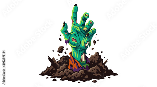 Zombie hand emerging from the ground in dirt.