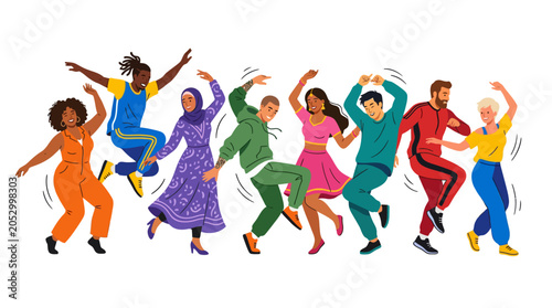 Diverse group of happy people dancing together.