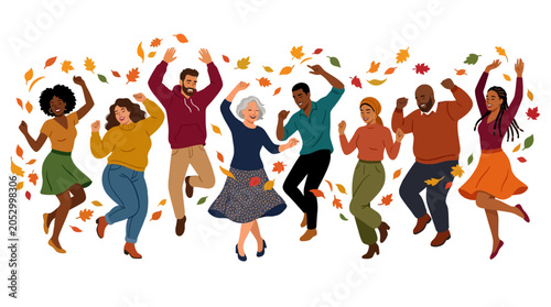 Diverse group of people dancing among falling autumn leaves.