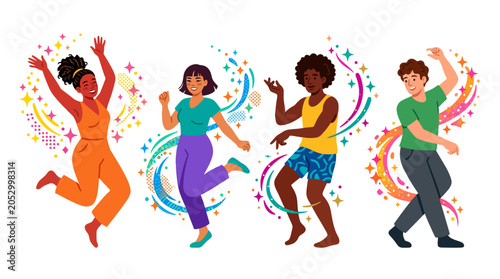 Diverse happy people dancing with colorful swirls and sparkles.