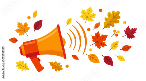 Fotografie Red megaphone announces autumn sales with blowing leaves.