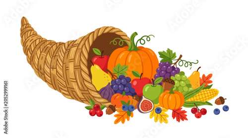 Tableau sur toile Wicker cornucopia overflowing with autumn harvest fruits and vegetables