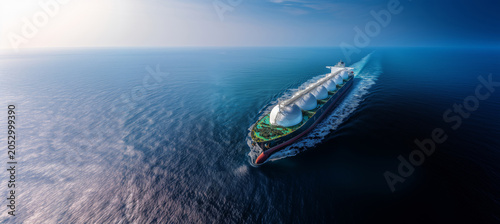 Aerial view of large LNG tanker cruising on blue ocean waters with white wake trail. Top-down shot under sunlight shows white tanks moving over rippling ocean texture. Energy and cargo industry.