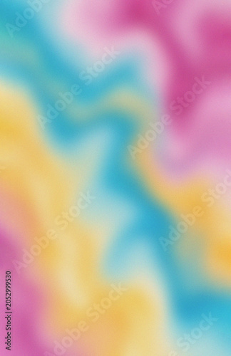 Full frame view of an elegant grainy gradient background texture with a blurry abstract blend of vibrant pink, yellow and blue colors.