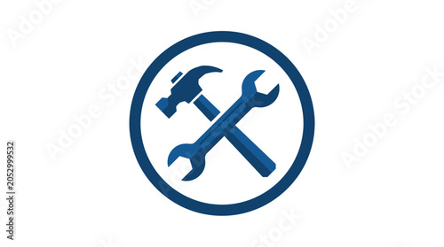 Blue industrial service icon with crossed hammer and wrench.