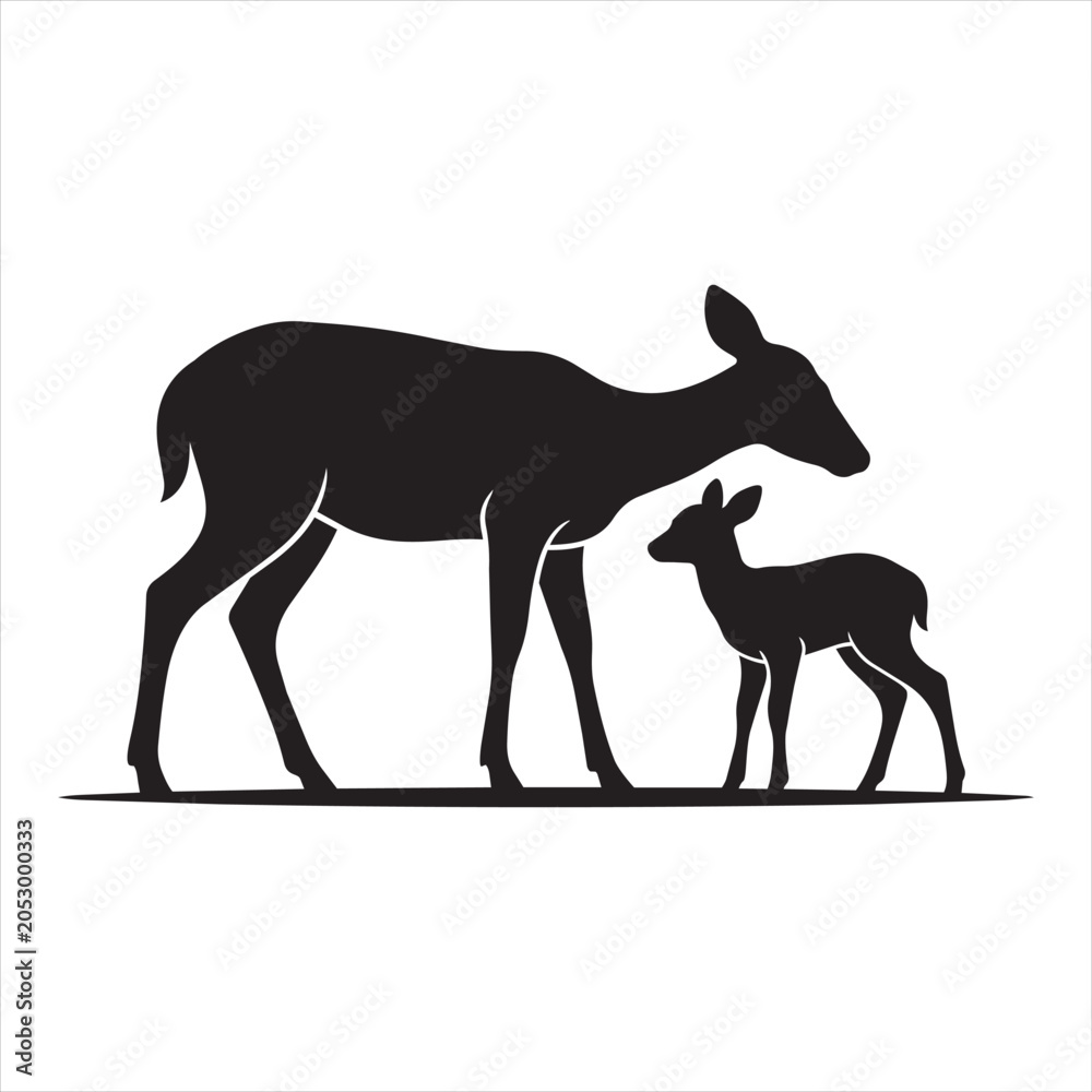 Fototapeta premium Silhouette of a mother deer and her fawn standing together