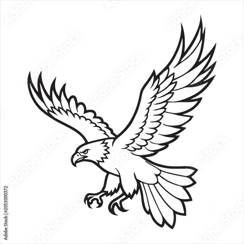 Black and white illustration of a bald eagle in flight