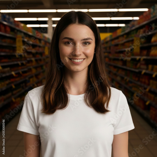 Portrait beautiful young woman white t-shirt standing supermarket aisle low light background evening shopping grocery store retail interior girl looking camera atmospheric moody lighting