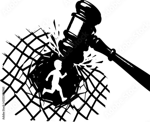 Legal Ban on Child Trafficking Silhouette: Justice Crackdown Vector, Anti-Kidnapping Legislation Icon