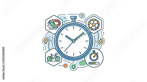 Stopwatch with sports icons representing time and activity.