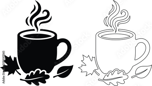 Schilderij op canvas Vector icon set of a cozy hot coffee or tea drink mug with steam surrounded by decorative autumn fall foliage leaves in solid black silhouette and line outline styles isolated on white