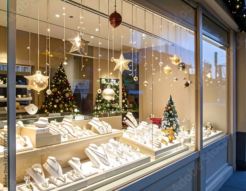 Jewelry shop window showcasing a festive holiday display with ornaments, lights, and Christmas trees in the background