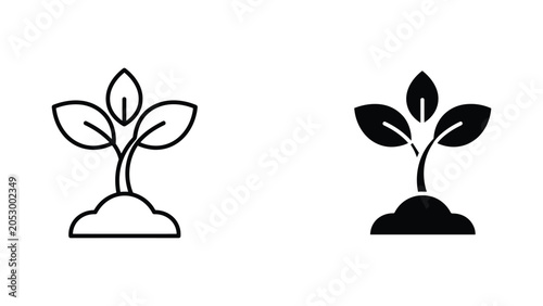 Young plant seedling icon set in outline and solid black vector design