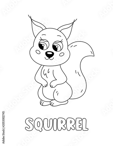 Letter S. Squirrel. Learning ABC coloring page for kids. Black and white hand drawn vector illustration for children. Cute outline drawing and text for coloring. Preschool, kindergarten activity