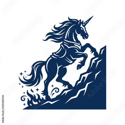 Fotografia Mythical unicorn rearing up on a rocky cliff