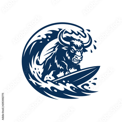 Photography Powerful bison surfing on a large ocean wave.