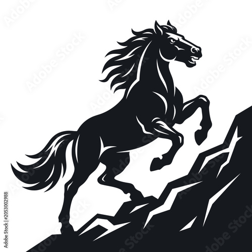 Tablou pe pânză Black horse silhouette rearing on rocky mountain peak.