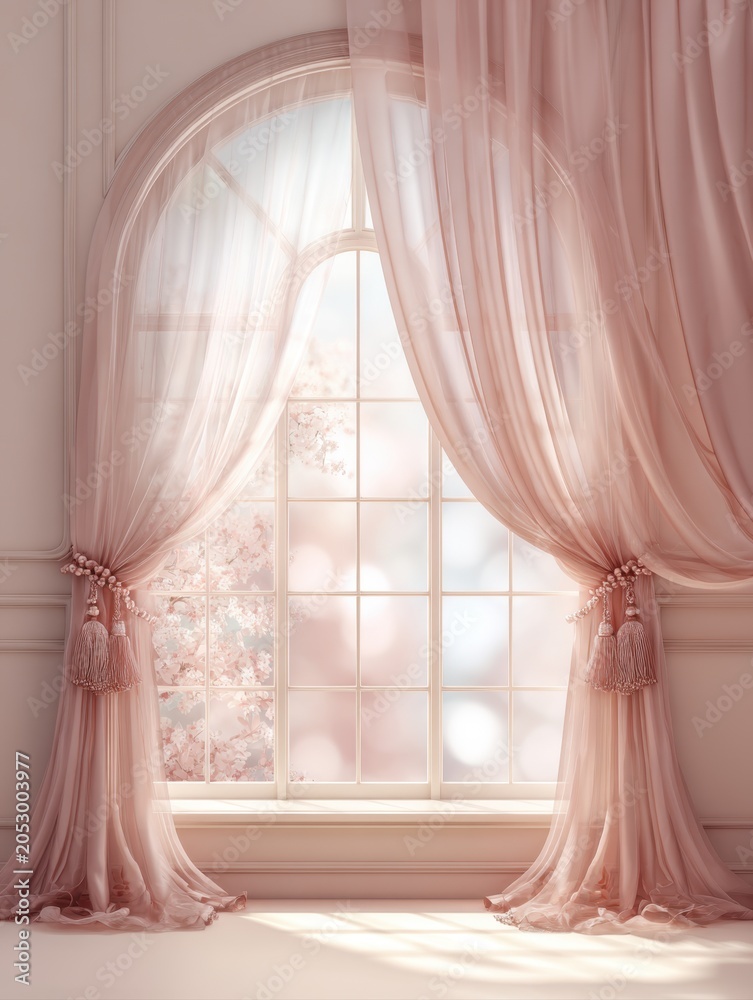 Fototapeta premium Beautiful interior arch window frame decorated with elegant sheer pink curtains and decorative tassels, soft morning sunlight shining through with a blurry spring cherry blossom tree background