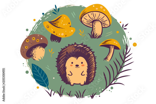 Circular composition of forest mushrooms and herbs with a small hedgehog in the center, no background