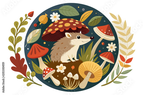 Circular composition of forest mushrooms and herbs with a small hedgehog in the center, no background