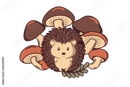 Circular composition of forest mushrooms and herbs with a small hedgehog in the center, no background