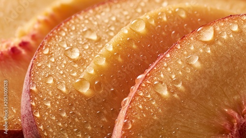 Soft peach slices with shiny water droplets on them, ready to be cut out.