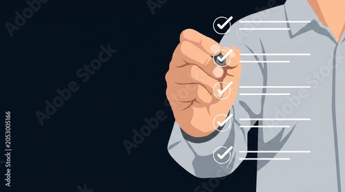 Businessman Checking Off Tasks on a Digital Checklist, Hand Marking Completed Goals on a List, Flat Vector Illustration of Task Management and Productivity on Dark Background