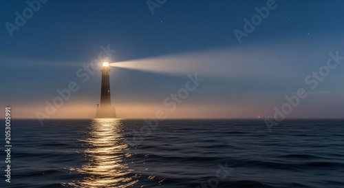 Solitary lighthouse standing in the middle of a dark ocean at night with a strong light beam through the fog