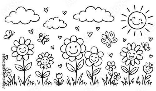 Canvas-taulu Cute Kids Doodle Garden with Flowers and Clouds Hand Drawn Vector Illustration