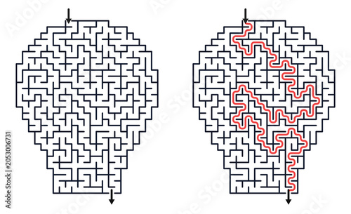 Children's maze shaped like a light bulb with solution path  