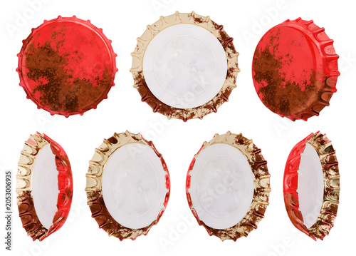 Isolated Set of Blank weathered rusty Red Crown Cork Bottle Caps Showing Top Bottom and Angled Views. 3D Rendering.