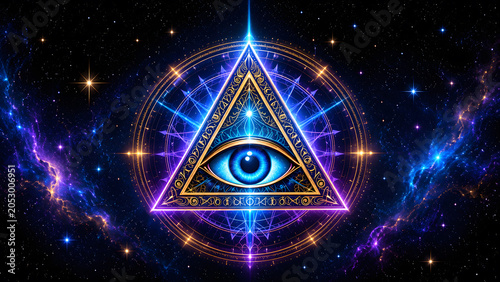 Mystical all seeing eye in glowing cosmic triangle