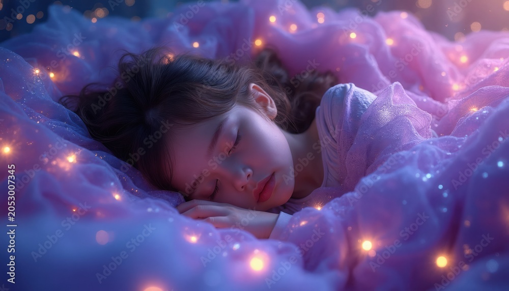 Naklejka premium Young girl slepic soundly in soft purple clouds, illuminated by magical fairy lights. Child dreams peacefully in fantasy dreamscape, ethereal slumber, serene night.