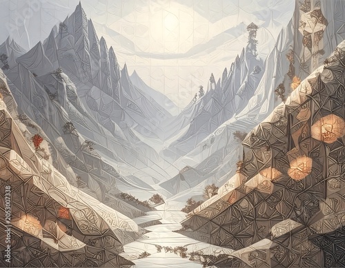 Geometric art depicts a majestic mountain range valley with a winding river and a tower atop a distant peak, bathed in ethereal light