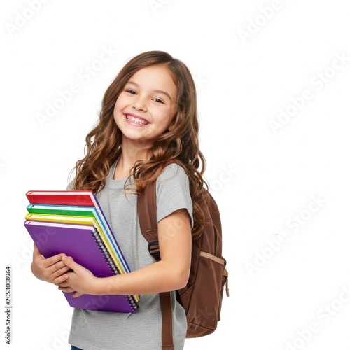 Smiling young student holding colorful notebooks and backpack isolated on white background