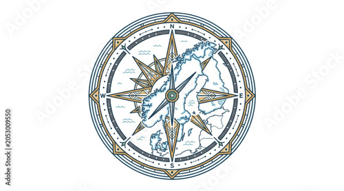Tablou pe pânză Vintage Nautical Compass Rose with Map Detail.