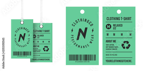 Clothing tag template with green apparel labels and barcode. Modern fashion hang tag mockup for garment branding. Isolated vector illustration