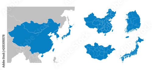 East Asia maps with regions isolated on a white background. East Asia countries maps set. Map of East Asia. Vector illustration