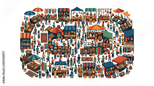 Quadro su tela Bustling Outdoor Market Scene with Many People and Stalls.