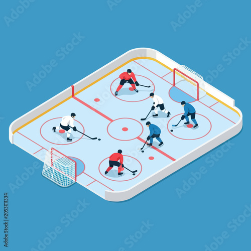 Photography Ice Hockey Players on Rink Surface.