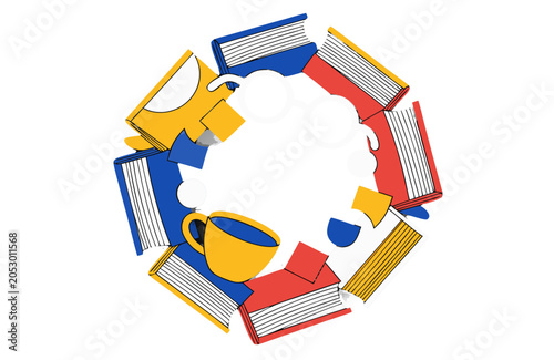 Circular composition of books, coffee cup, and glasses, no background